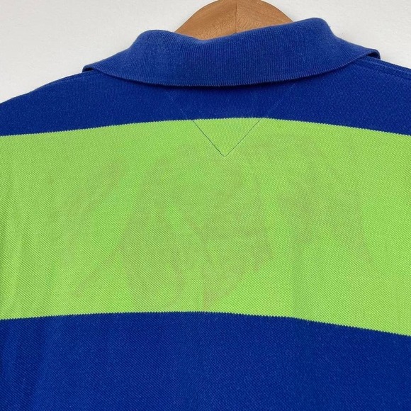 Vintage 90s Y2K Tommy Hilfiger Green and Blue Striped Polo‎ Shirt - Picture 5 of 5